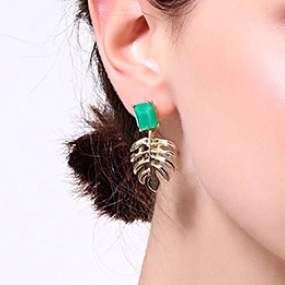 Gold Monstera Leaf Earrings - Picture 2 of 5